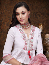Women's White Solid & Embroidered Italian Crush Anarkali Kurta Pant Dupatta Set-KPDWHITEBANDRA